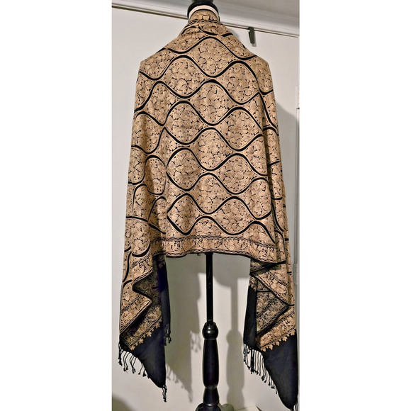 Kashmiri Embroidered Wool Shawl Wrap Stole Black Beige Embellished Women 28 x 80 - Picture 7 of 9